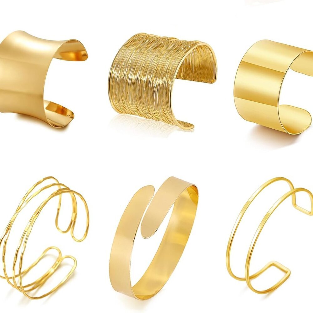 6pcs Gold Chunky Cuff Bracelets Set for Women - Adjustable Open Design Party Jew